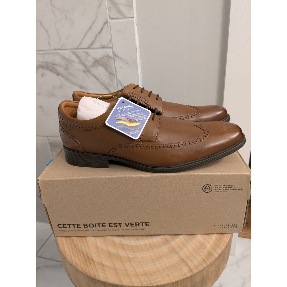 Clarks Whiddon Wing Mens Dark Tan Leather Wingtip Oxford Dress Shoes - Size 14M